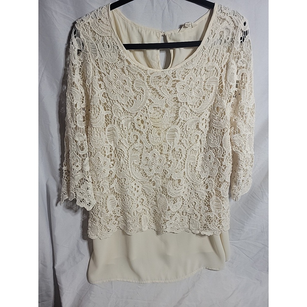 Adiva Lace Sheer Blouse in Cream Crochet 2x Overlay Feminine Skirt Classy Vtg